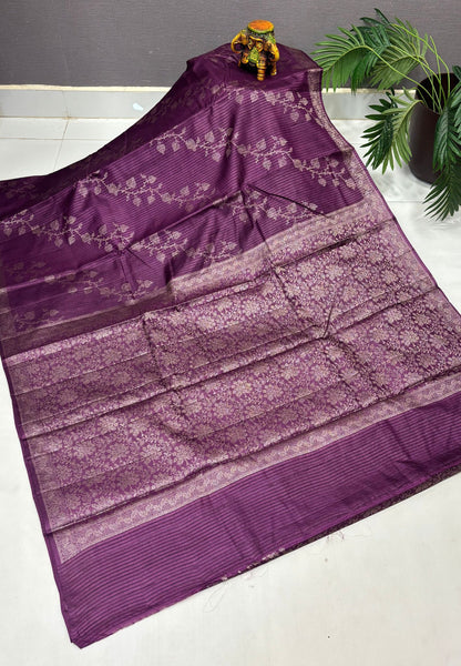Pure Tussar Saree-Purple in Floral Vine Brocade Border