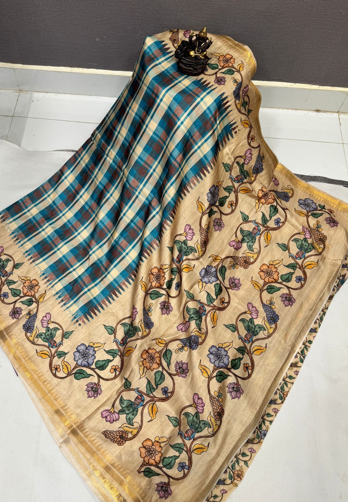 Semi Tussar Saree - Blue Madras Checks With Floral Designs