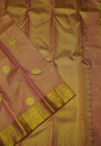 Pure Tissue Kanchipuram Silk Saree- Peach with Chakram Butta