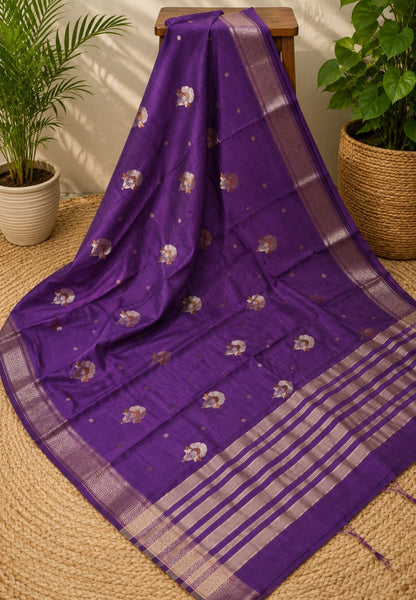Semi Tussar Saree-Purple with Floral Zari Motif
