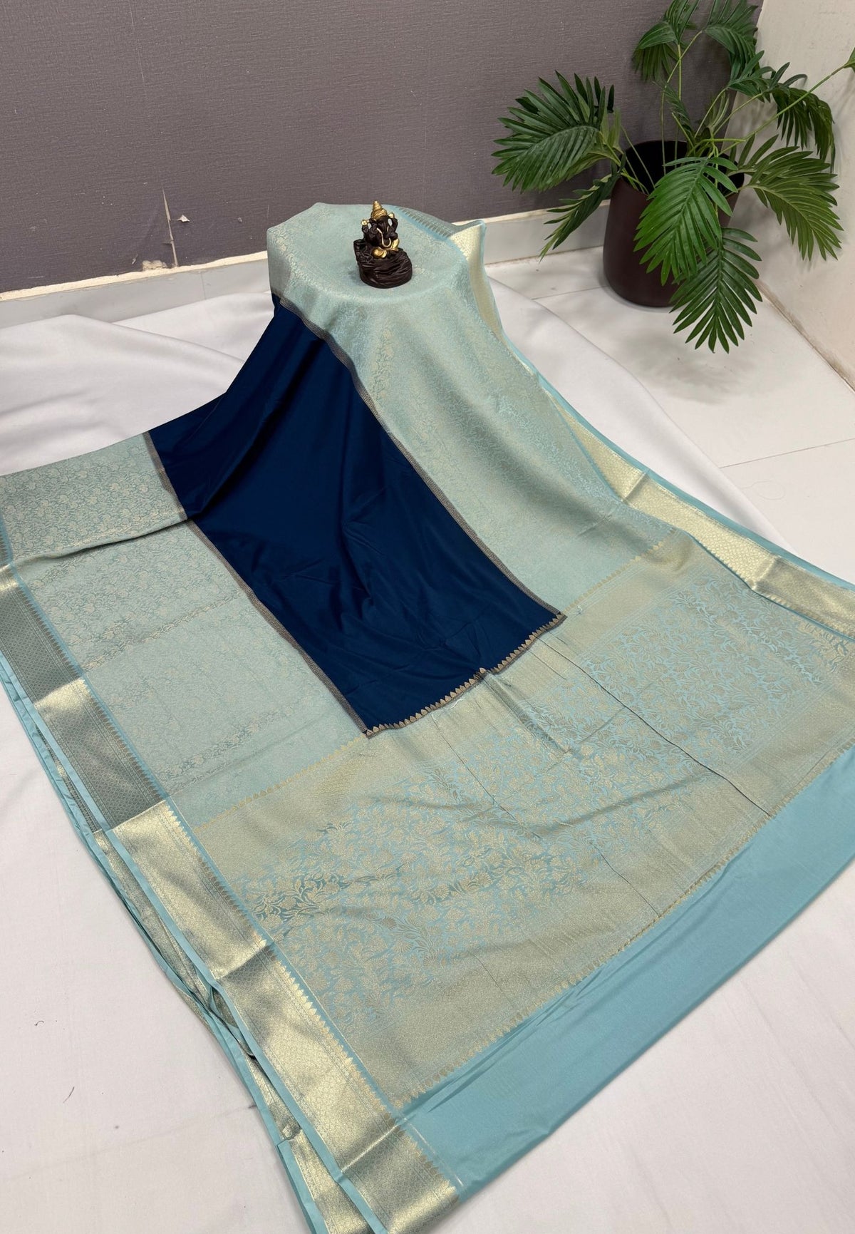 Art Mysore Silk Saree-Peacock Blue-Sea Blue In Floral Zari With Contrast Border