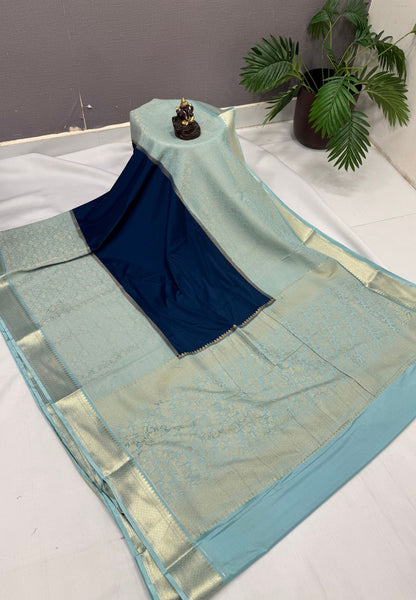 Art Mysore Silk Saree-Peacock Blue-Sea Blue In Floral Zari With Contrast Border