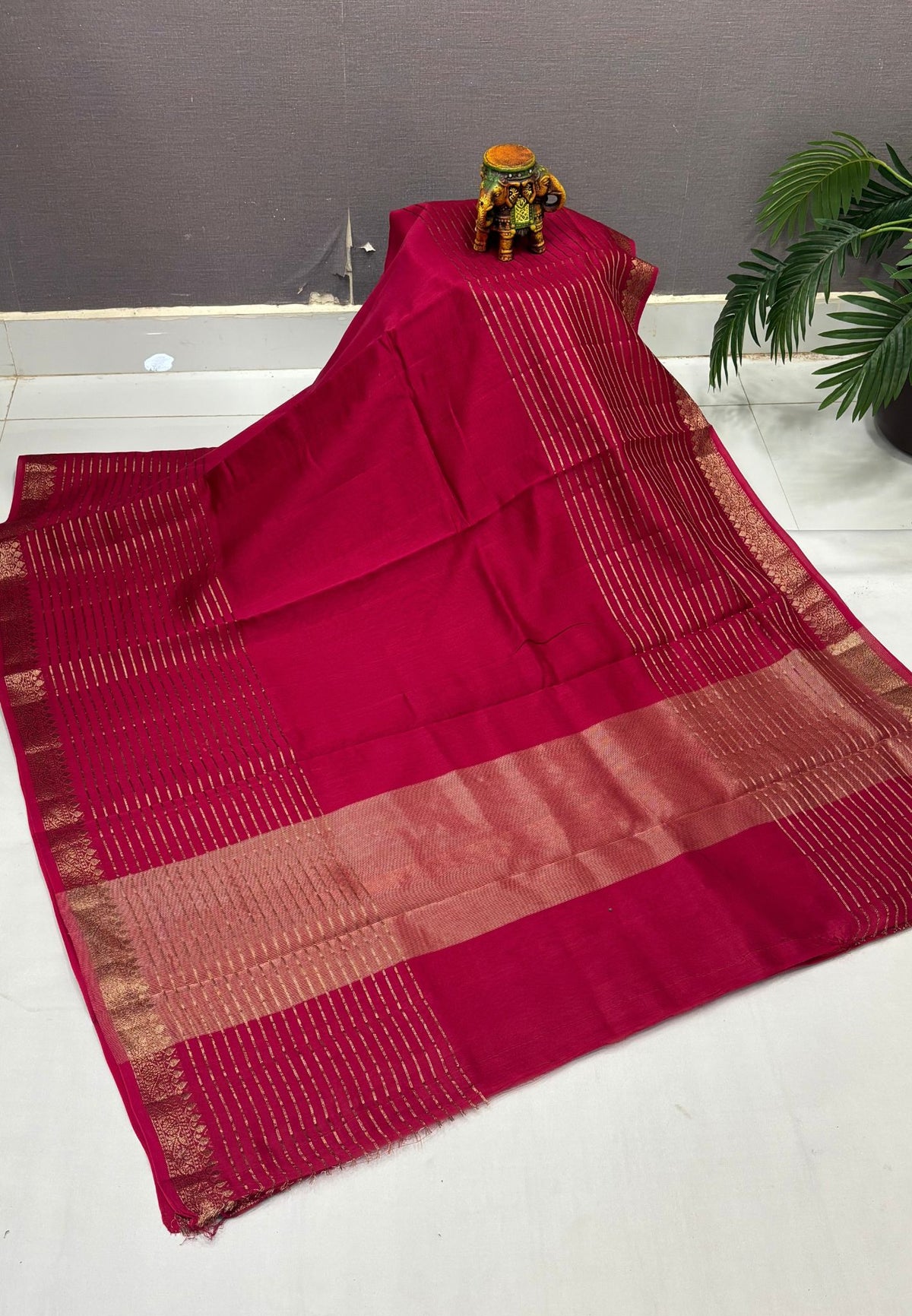Semi Chinya Silk Saree-Redish In Fine Stripe Zari Border