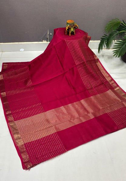 Semi Chinya Silk Saree-Redish In Fine Stripe Zari Border