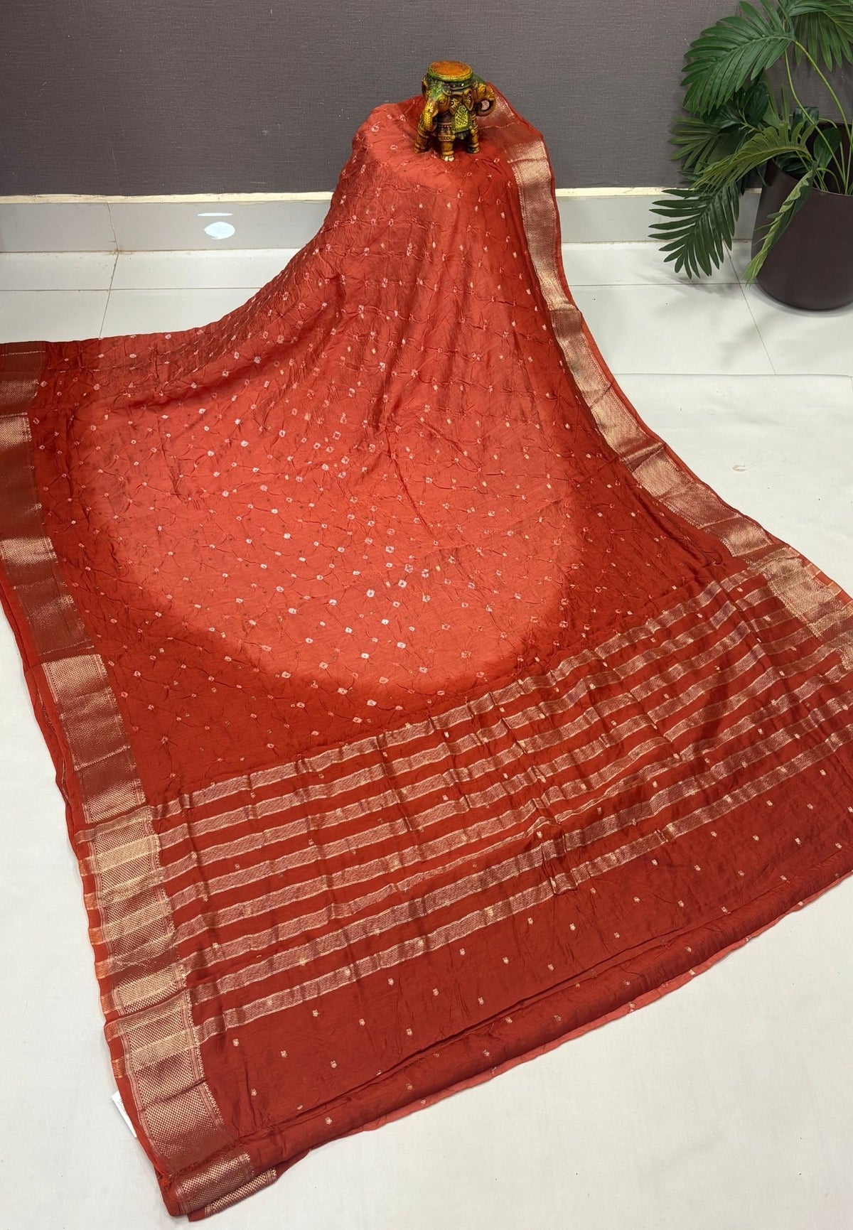 Banarasi Bandeji Saree-Rust Orange in Horizontal Stripe Zari Border
