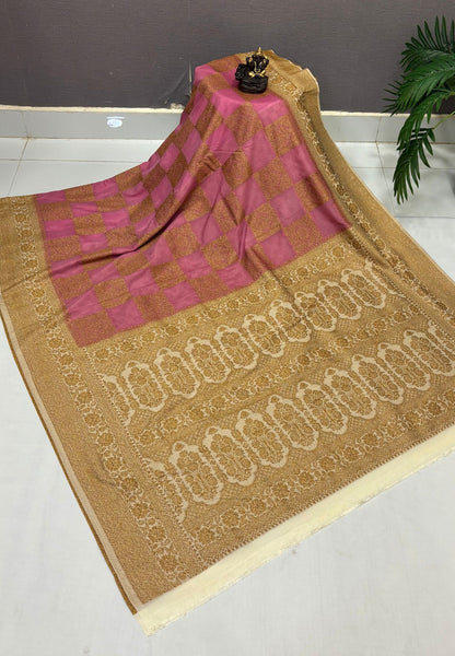 Banarasi Crepe Saree-Onion Pink In Square Check Brocade With Contrast Border