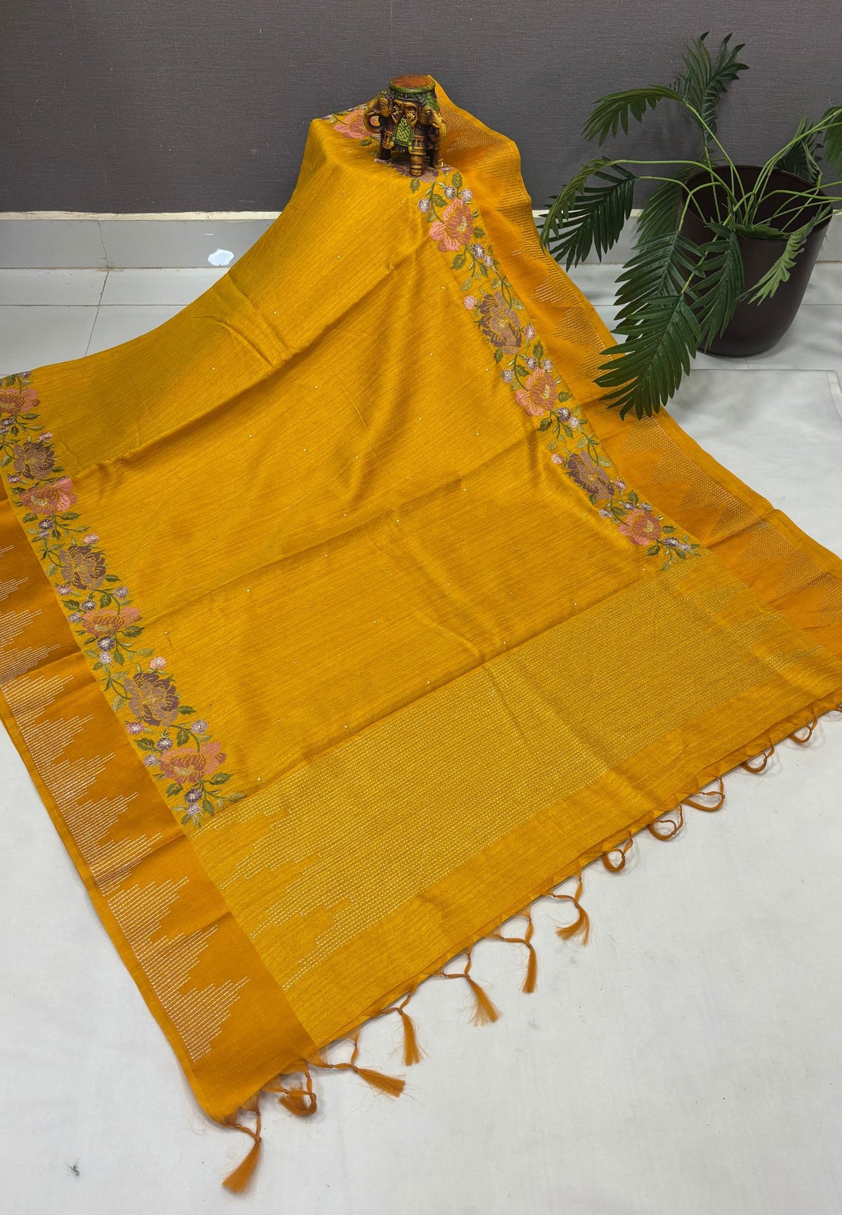 Banarasi Tussar Saree-Yellow in Floral Vine and Linear Zari Border