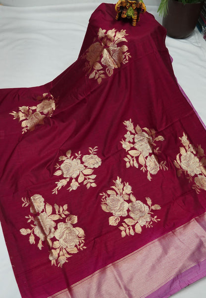 Semi Tussar Saree with Rose Floral Zari Weaving-Maroon