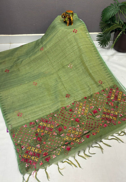 Tissue Linen Saree-Green in Phulkari Embroidery Border