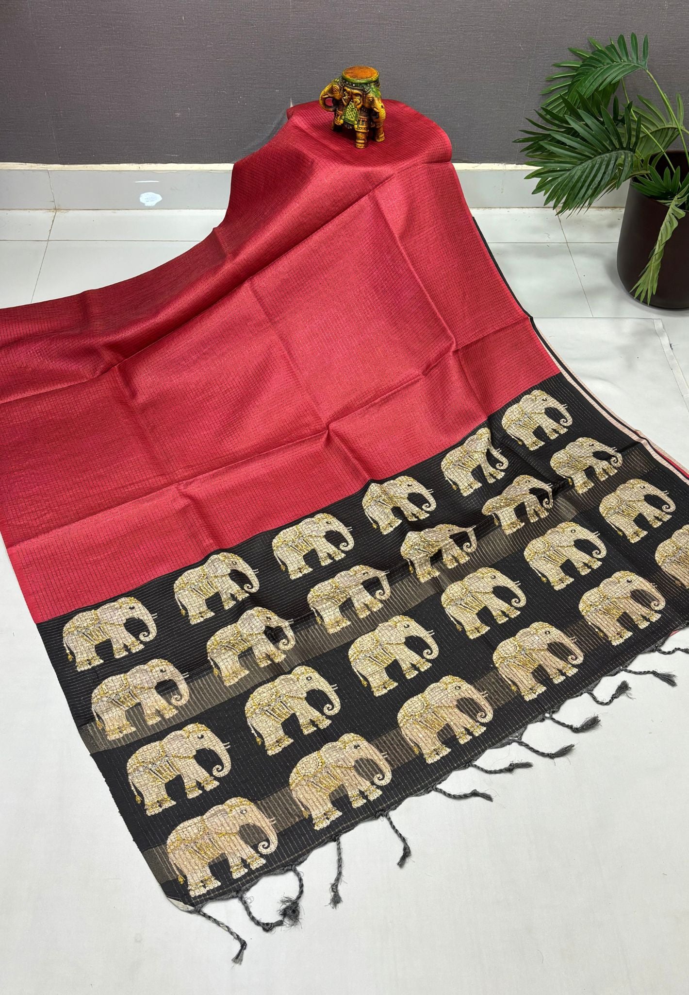 Tussar Saree-Red In Elephant Motif Border