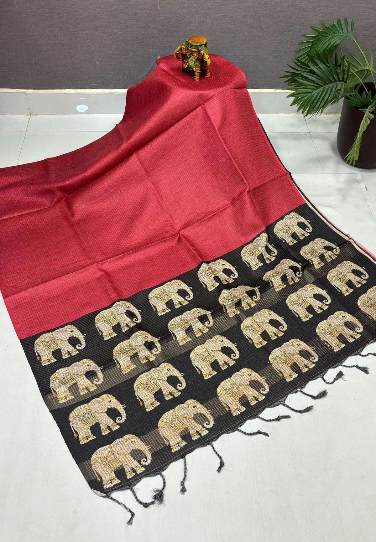 Tussar Saree-Red In Elephant Motif Border