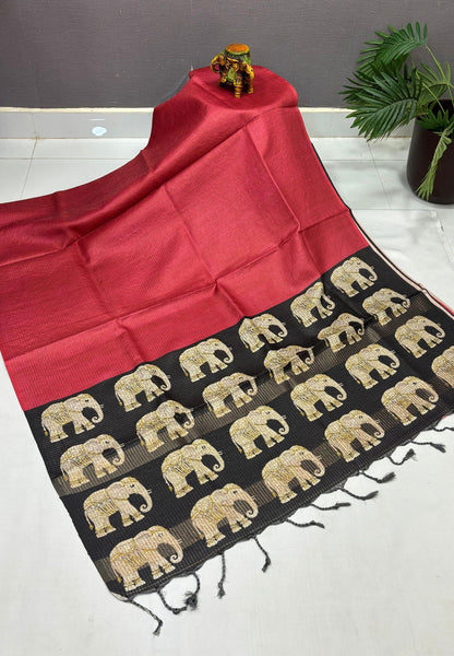 Tussar Saree-Red In Elephant Motif Border
