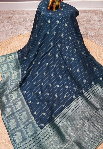 Satin Tussar Saree-Peacock Blue with Checked Elephant Border