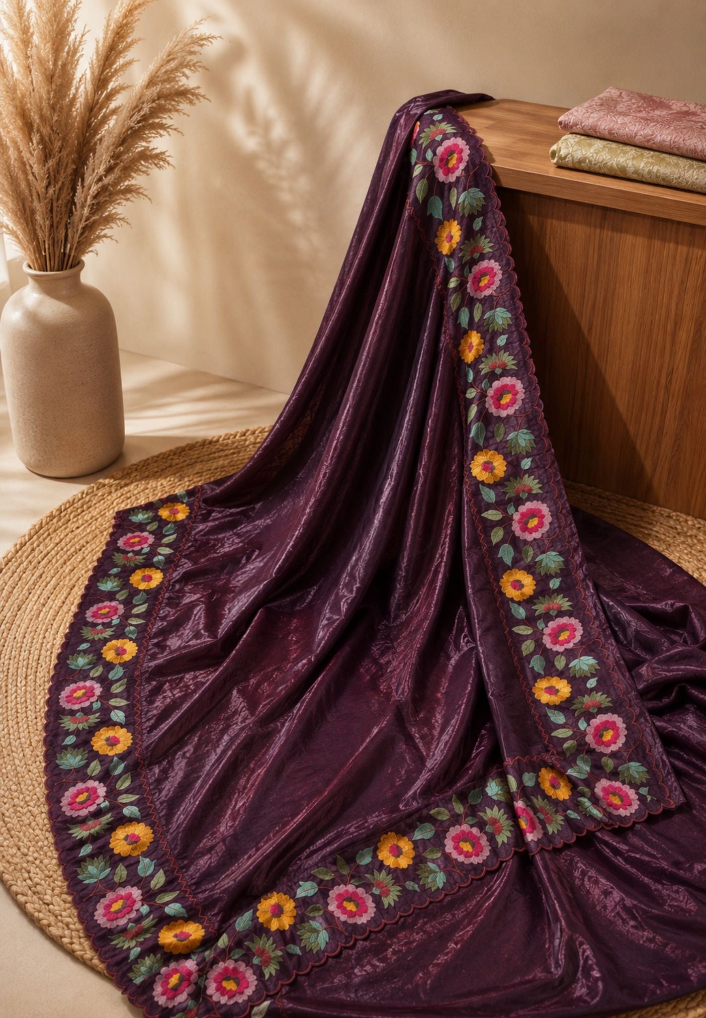 Organza Saree -Dark Purple with Floral Border