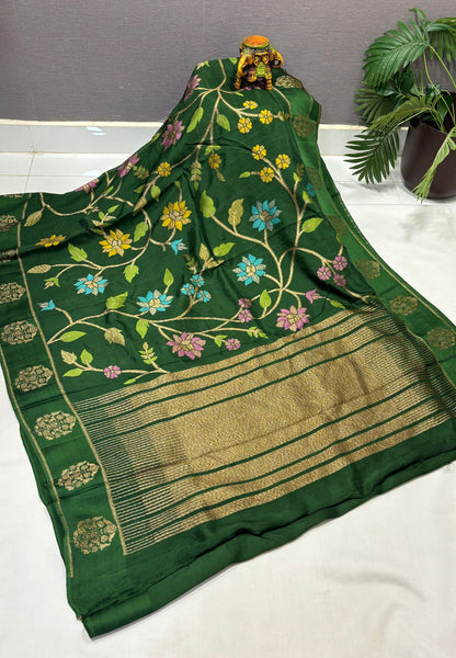 Kattan Silk Saree-Green in Floral Vine Zari Border