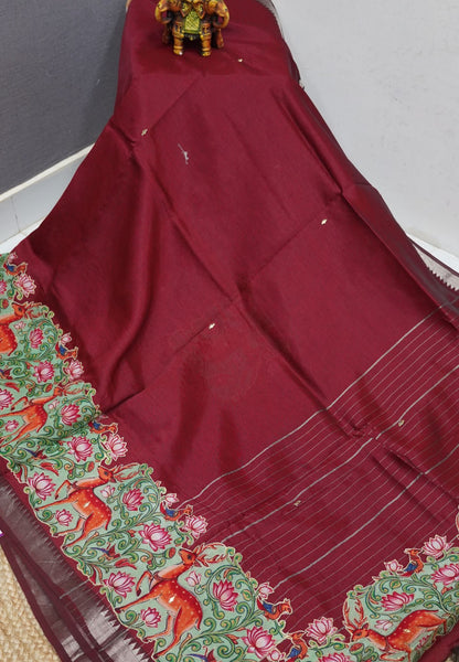 Pure Mangalgiri Silk Saree- Maroon with Appliqué Work