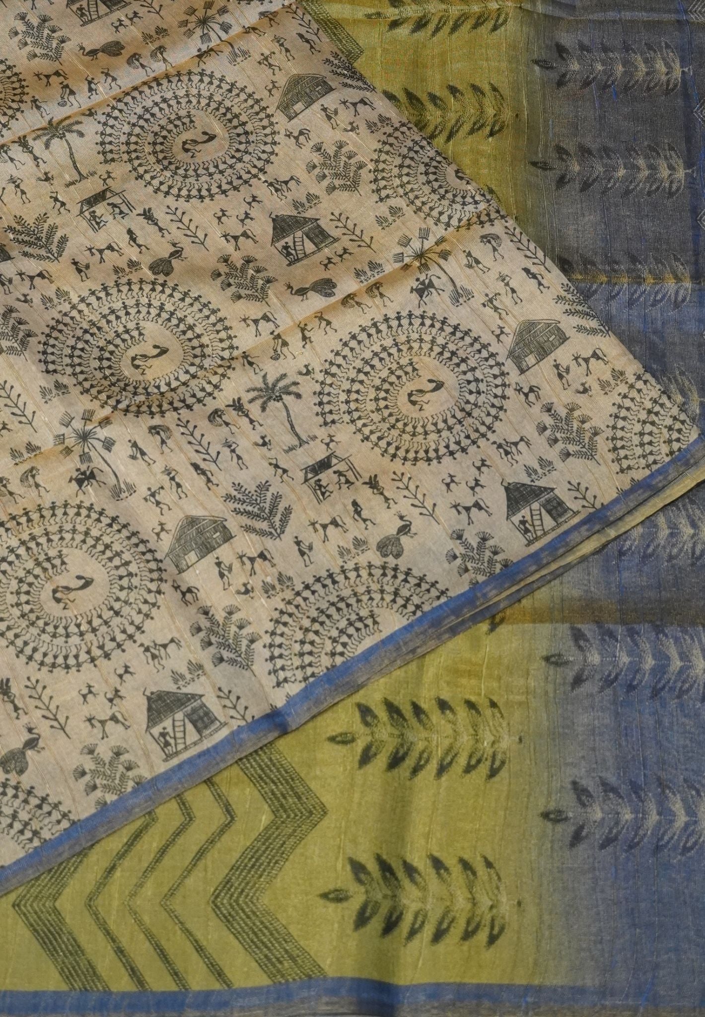 Semi Tissue Silk Beige-Blue with Warli Print