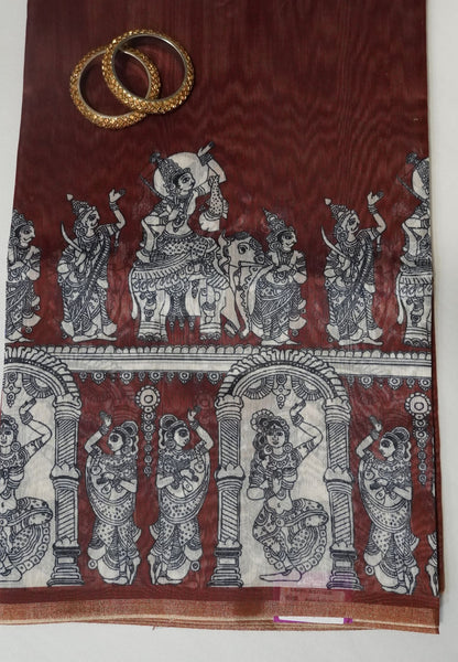 Chanderi Saree - Brown with penn kalamkari print