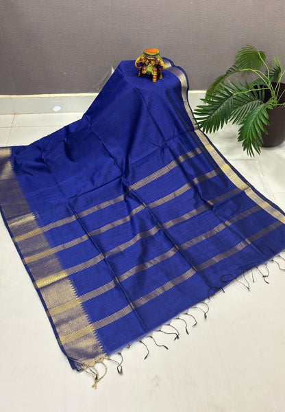 Handloom Cotton Saree-Blue In Zigzag Zari Border