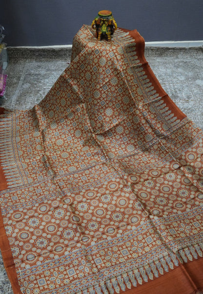 Pure Tussar Silk Saree – Honey Ajrakh Print