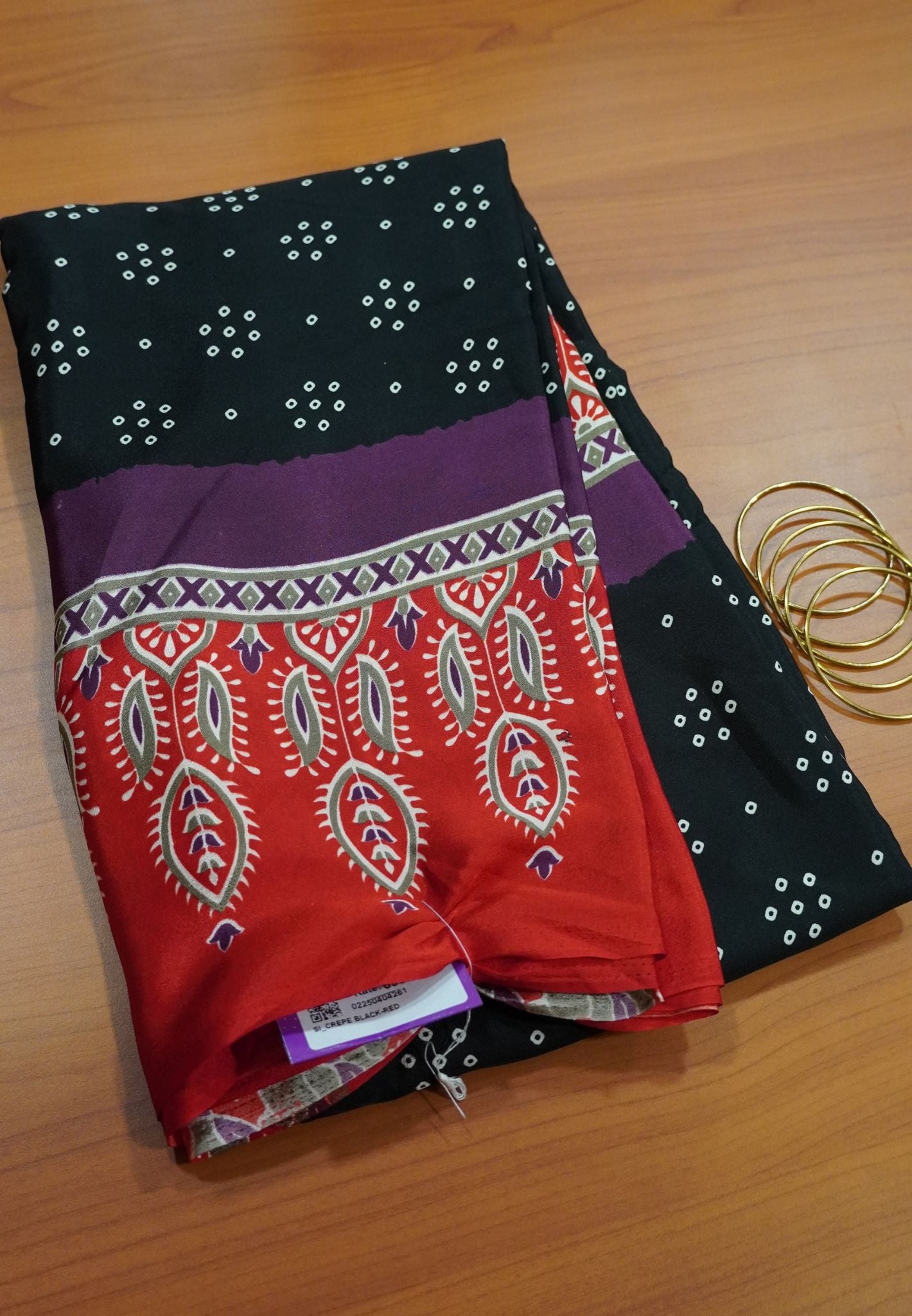 Crepe Saree - Black - Red