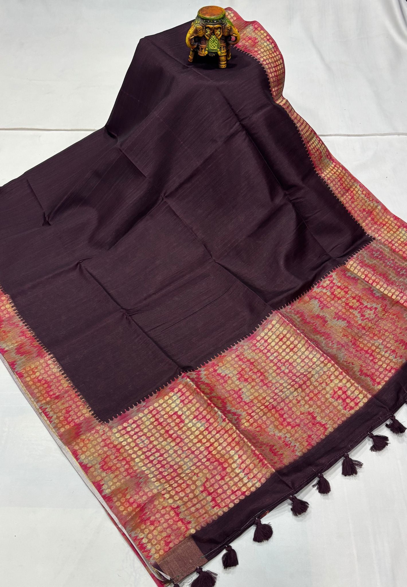 Semi Tussar Saree-Coffee Brown with Coin Zari Border