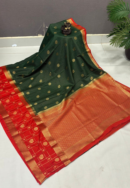 Art Mysore Silk Saree-Green in Checkered Pattern with Contrast Border