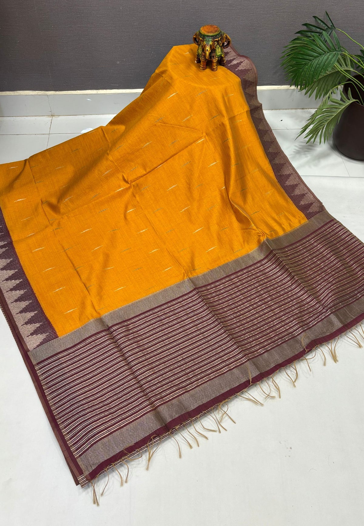 Semi Tussar Saree-Mustard in Tower Pattern Border