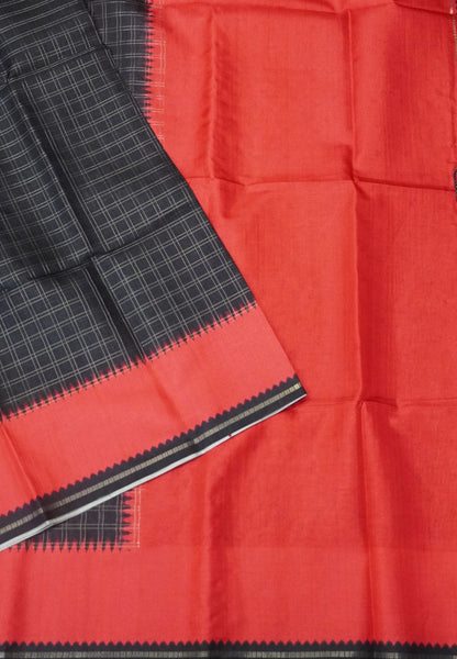 Semi Matka Tussar Saree-Black with Contrast Border and Zari Checks