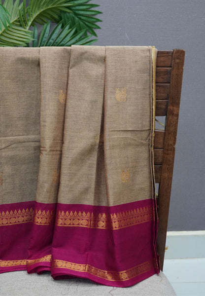 Chettinadu Cotton Saree-Brown Beige with Contrast Zari Border & Annapakshi Buttas