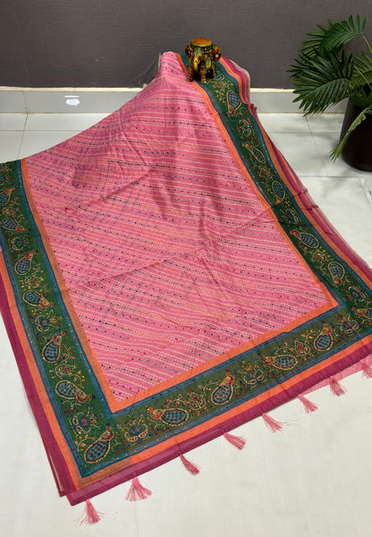 Chanderi Saree-Baby Pink In Peacock Floral Border