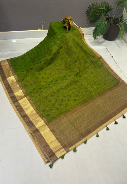 Bamboo Silk Saree-Olive Green-Cream Retpet Border