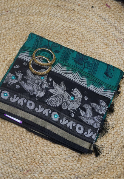 Malai Cotton Saree-Green Mirror Work with Annam border