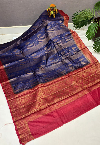 Pure Tussar Saree-Navy Blue In Geometric Diamond Zari With Contrast Border