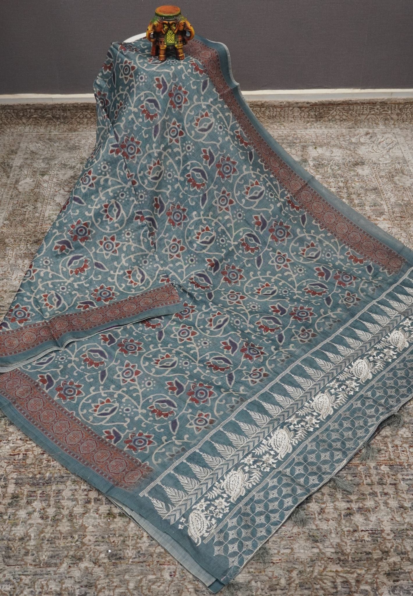 Semi Chanderi Saree-Blue with Floral Pattern
