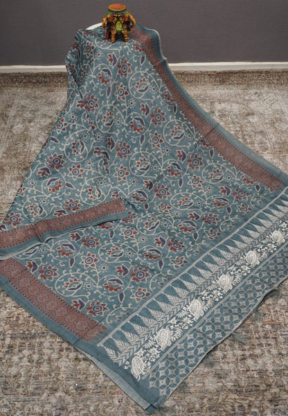 Semi Chanderi Saree-Blue with Floral Pattern