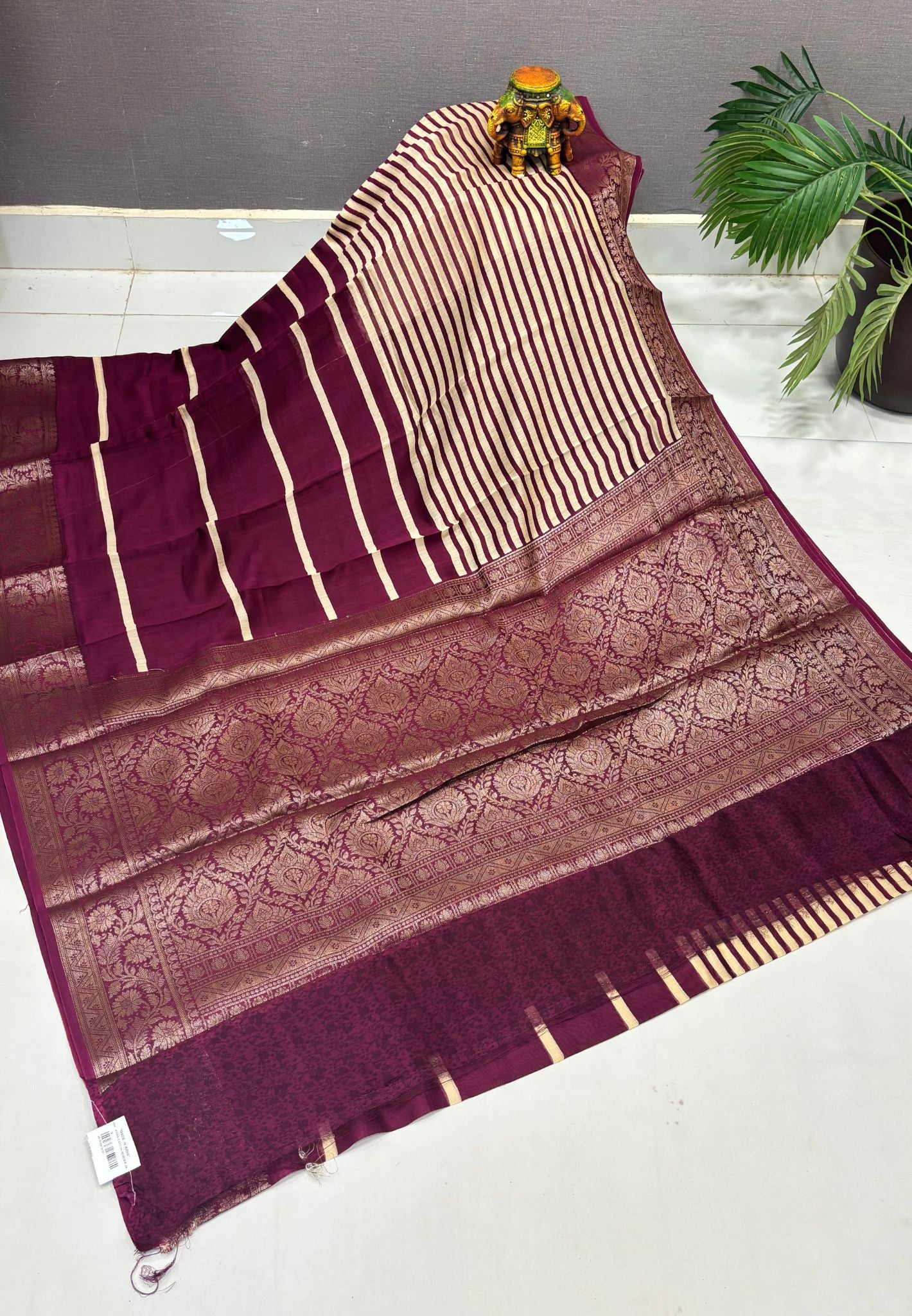Pure Chanderi Saree-Wine in Antique Zari Floral Brocade Border
