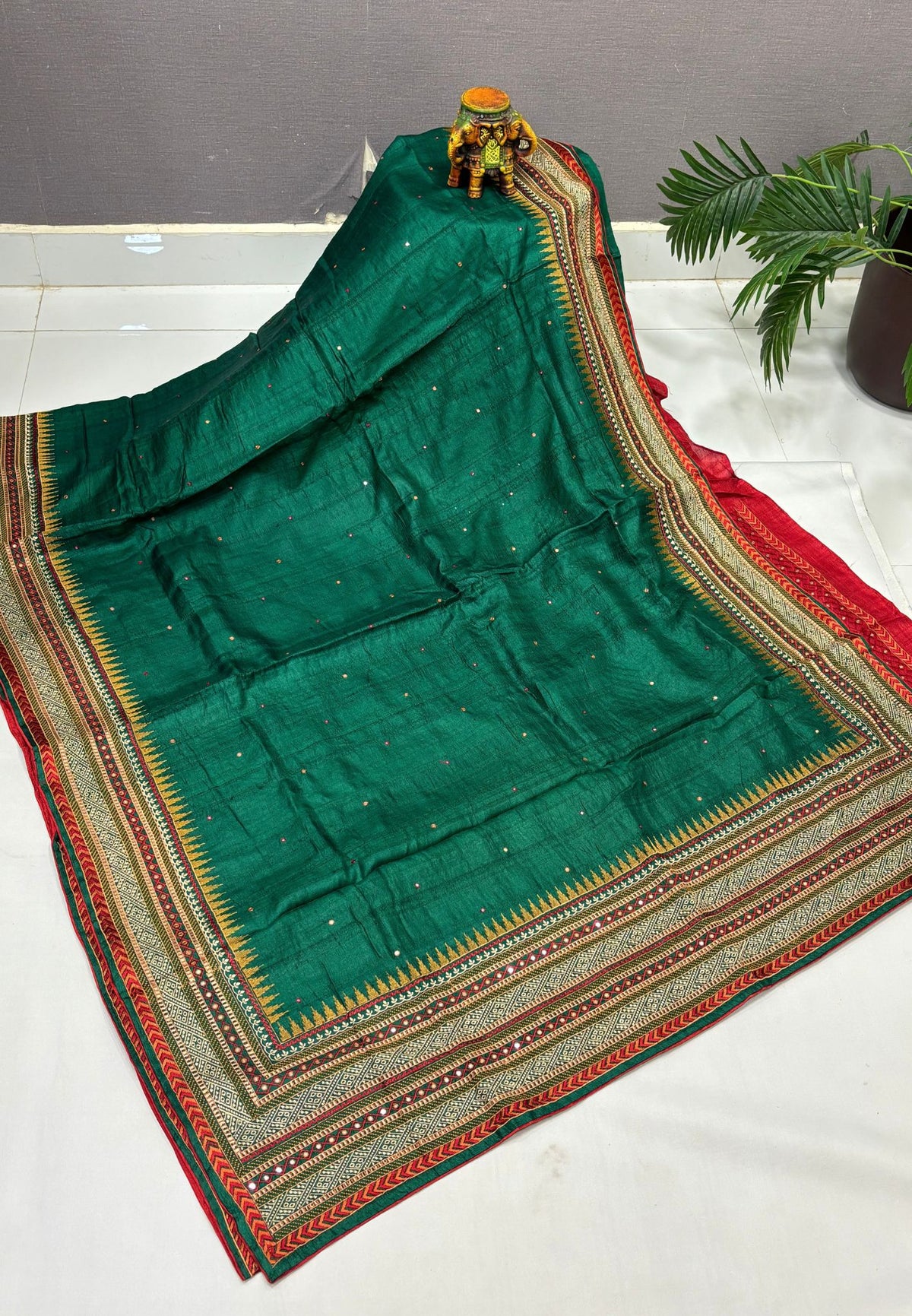 Pure Jute Silk Saree-Green In Tower Embroidery Border