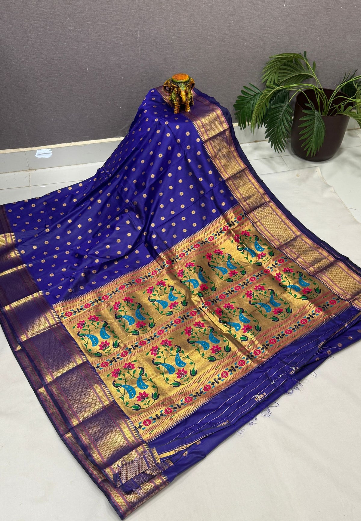 Traditional Peacock Floral Brocade Border - Royal Blue