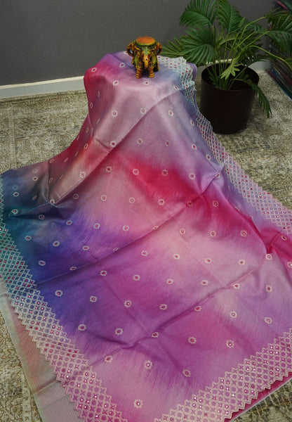 Kota Saree Blue-Pink Multi Shade with Mirror Work