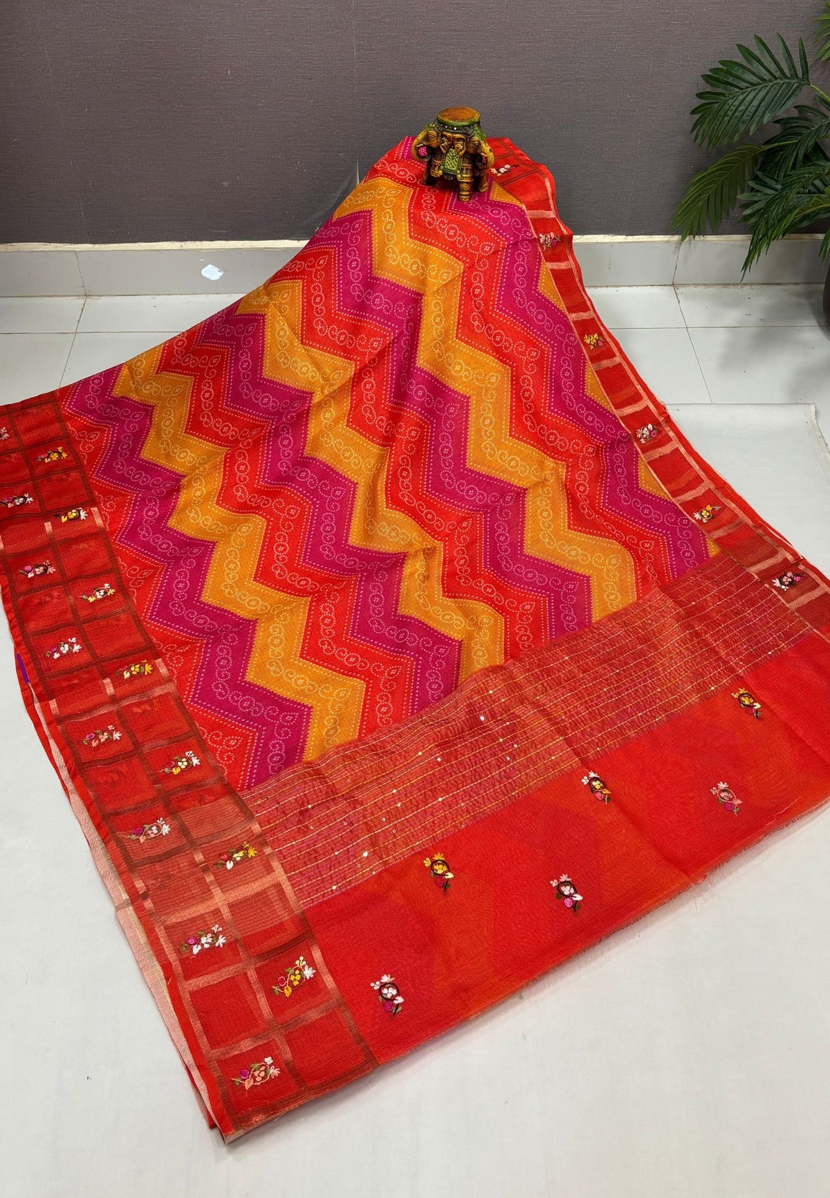 Pure Kota Saree-Orange In Floral Gridwork Border