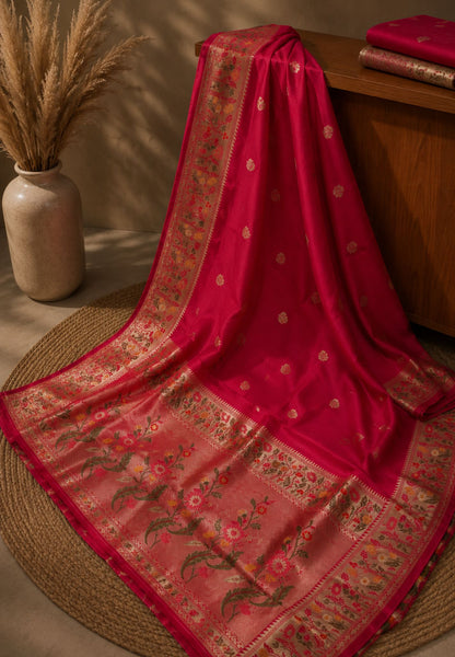 Paithani  Border Saree - Pink Flower