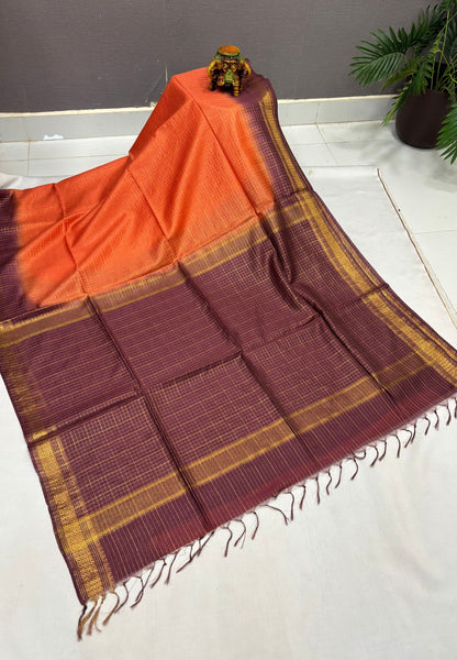 Semi Bhagalpur Tussar Saree-Orange in Zari checks with Contrast Border
