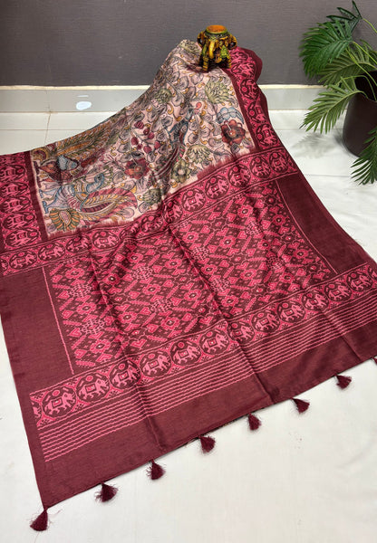 Pashmina Tussar Saree-Maroon in Kalamkari Floral & Peacock Border