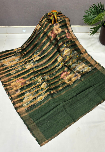 Pure Organza Tussar Saree-Green In Striped Zari Border