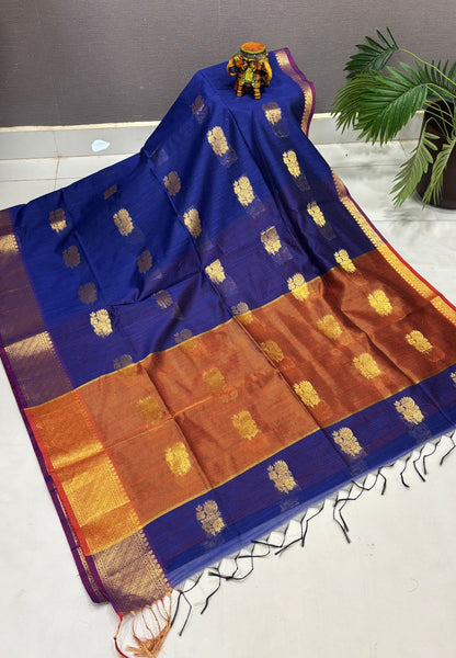 Handloom Silk Cotton Saree-Blue in Mini Butta Zari Border