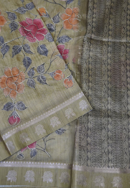Tissue Linen Saree-Olive green with Floral Kutch Work