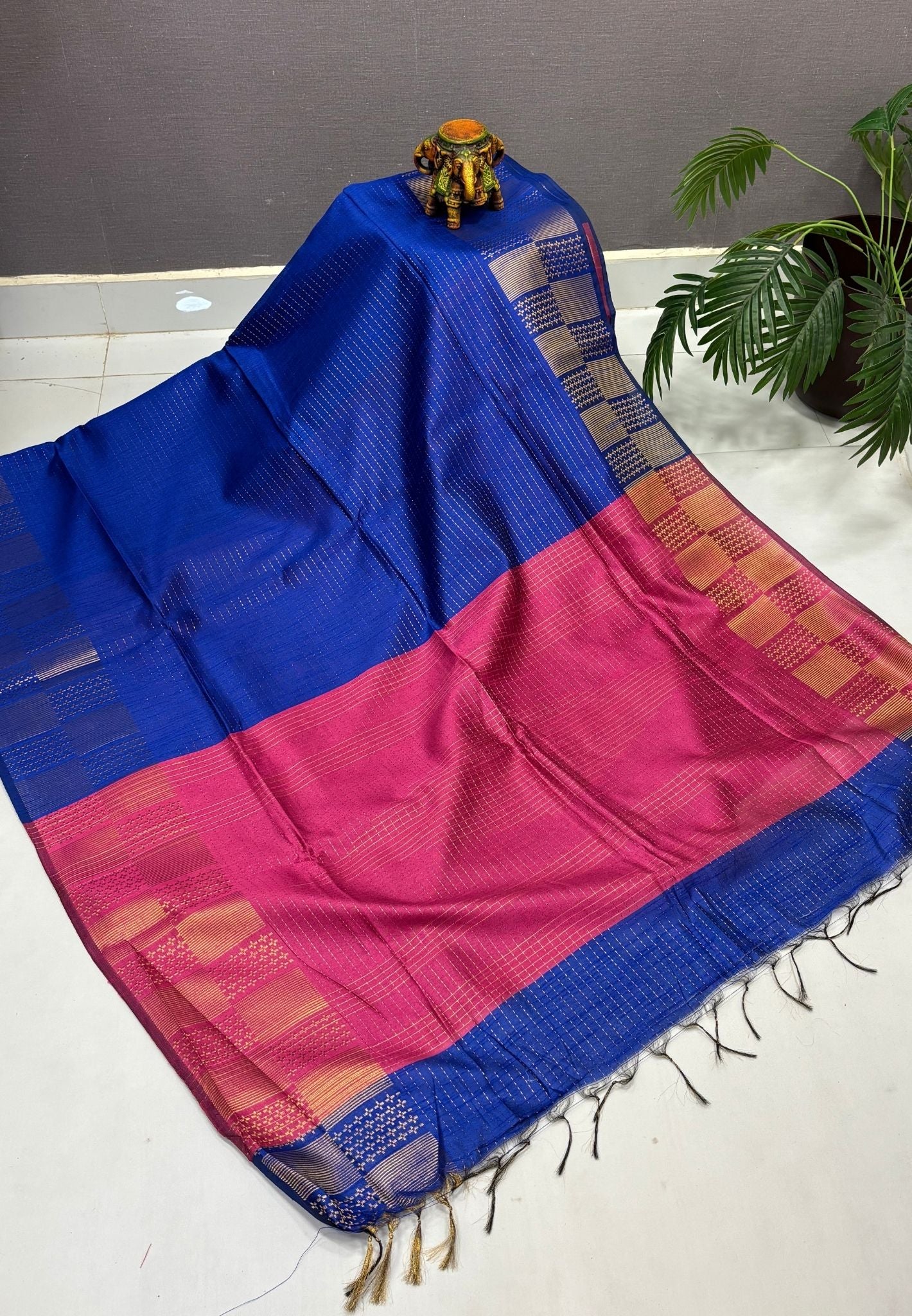 Semi Raw Silk Saree-Ink Blue In Checkered Zari With Contrast Border