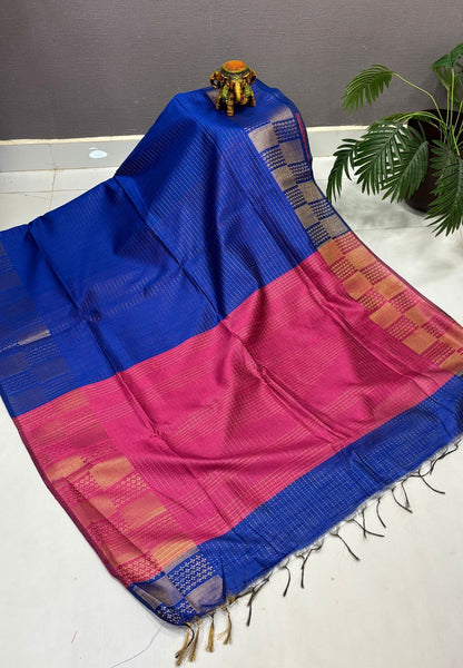 Semi Raw Silk Saree-Ink Blue In Checkered Zari With Contrast Border