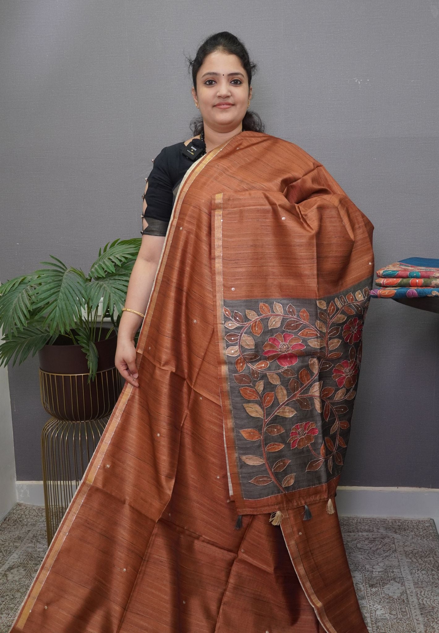 Semi Tussar Saree - Mayil Katch Work Mustard